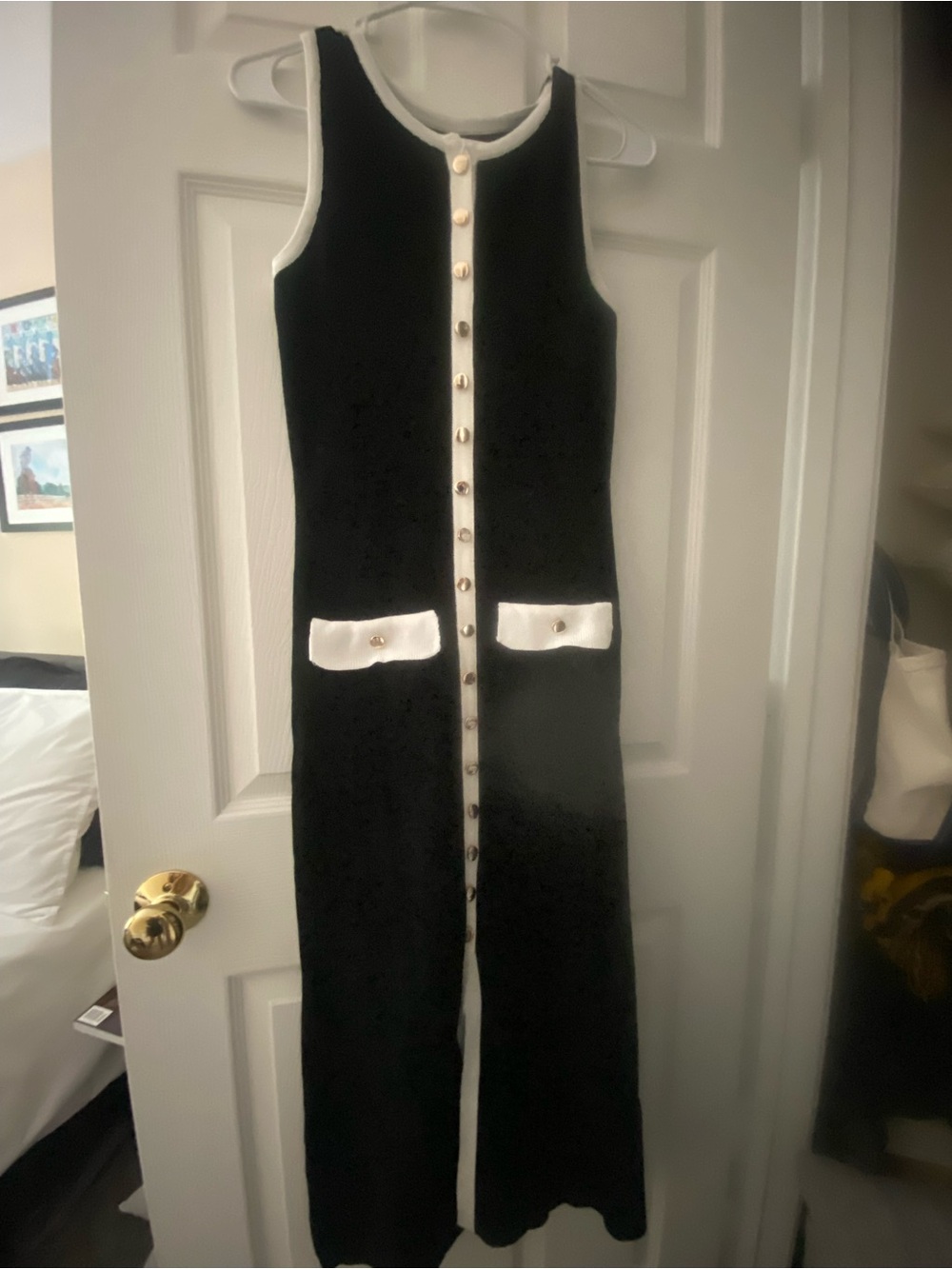 Sleeveless Black Midi Dress with White Trim - Picture 7 of 8